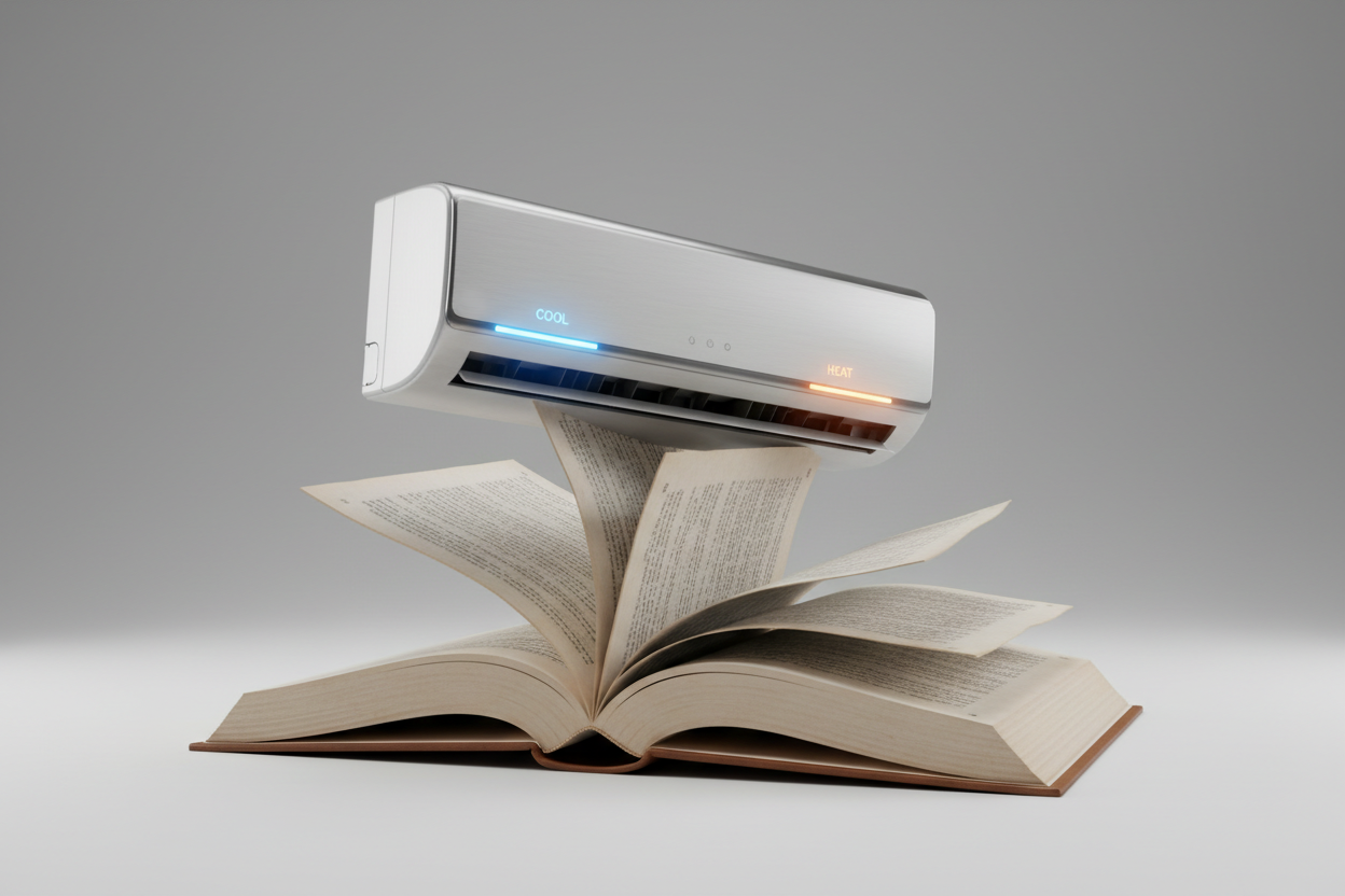 genera una imagen 3d de un libro con un aire acondicionado de frio  y calor 